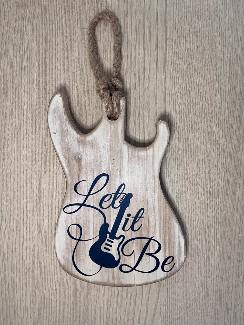 Rustic 'Let It Be' Guitar Wall Hanging - Navy on Whitewash